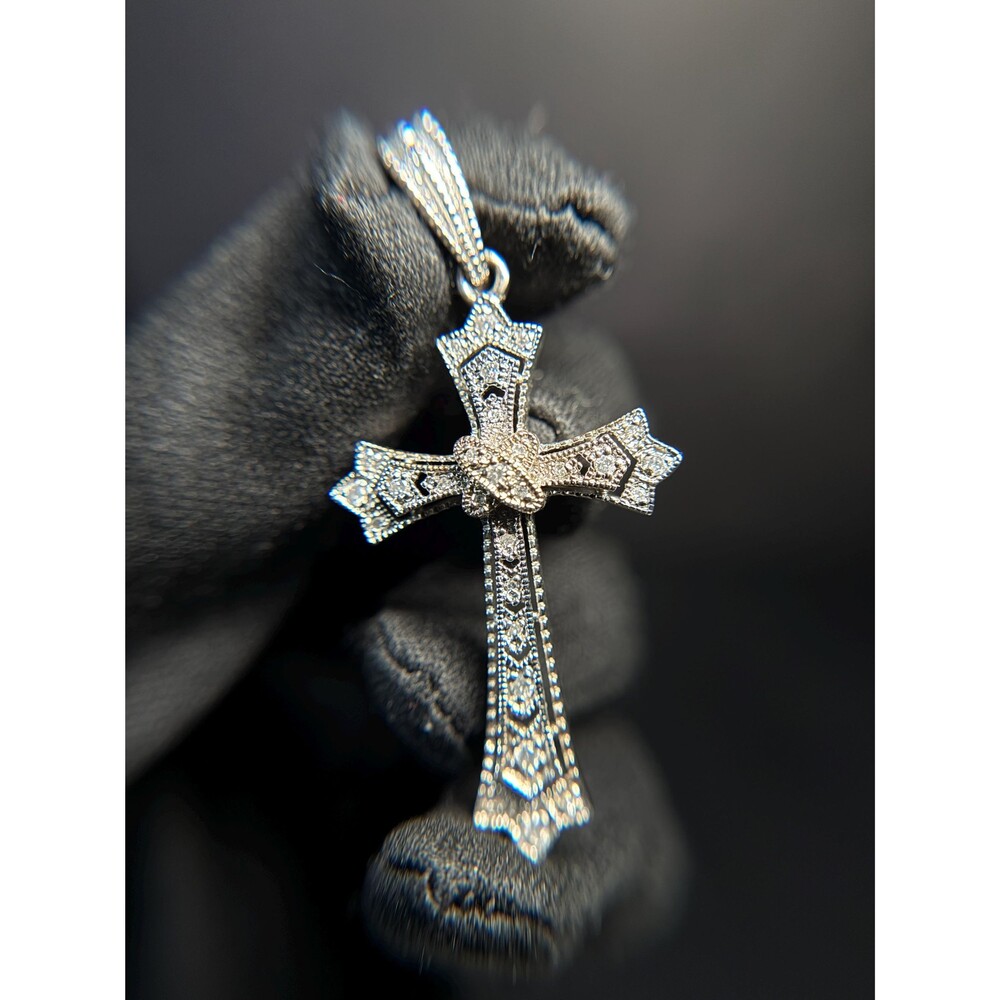Sterling Silver 925 CZ Filigree Cross Pendant Enhancer Large Christian Charm